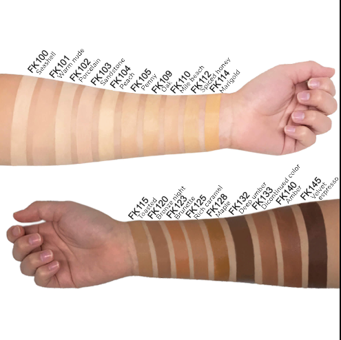 Supplier foundation swatches on two arms. Nude And Fine corresponds to Warm Nude, FK101, on the upper arm; light-medium depth with neutral undertones.